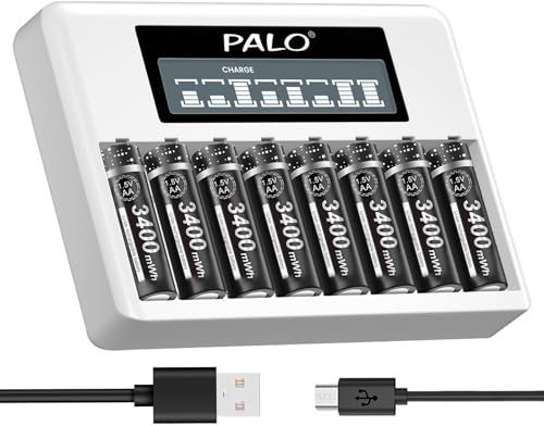 AA Rechargeable Batteries With Charger - 8 Pieces 3400mWh 1.5V With LCD Individual Quick Chargers For AA, AAA Li-Ion Rechargeable Batteries With Type C And Micro USB Input