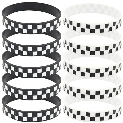 Hrippy 10 Pcs Rennen Gummi -armbänder Schwarz -weiß -Rennwagen Silikon -armbänder Für Rennen, Dirtbike, Events, Rennwagen -partydekorationen