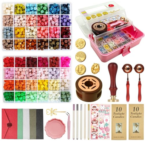 Upgraded Wax Seal Stamp Kit,Wax Seal Kit with Storage Box,48 Color 1200 Pcs Sealing Beads With 4 Pcs Stamps,Sealing Warmer, Envelopes, Candles, Metallic Pen for Letter Sealing
