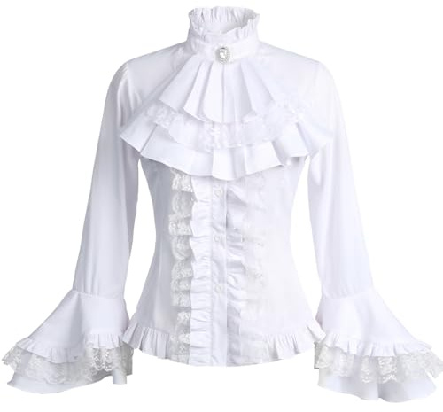 Viktorianische Bluse für Damen, Vintage, Gothic, Lolita, Pirat, langärmelig, Spitze, Rüschen, Renaissance, Mittelalter, Weiss/opulenter Garten, XX-Large