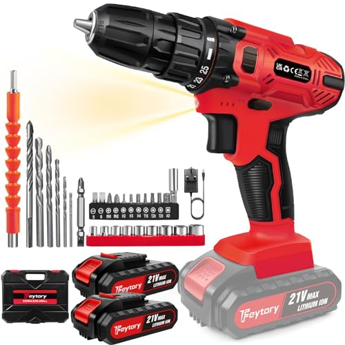 Taladro Bateria 21V, Taladro Atornillador con 2 Baterías 1.5Ah, Atornillador Electrico 25+1 Ajuste de Par, Azul,45Nm, 2 Velocidad, 26Accesorios, LED Luz Para Hogar, Bricolaje