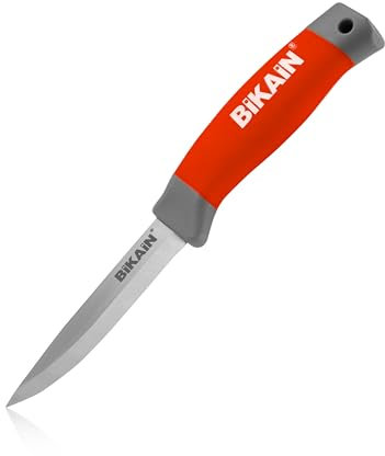 Bikain Cuchillo de Monte Multiusos de 21cm - Hoja de Acero Inox de 10 cm - Mango Engomado - Incluye Funda de Cuero en Color Rojo - Ideal para Jardinería