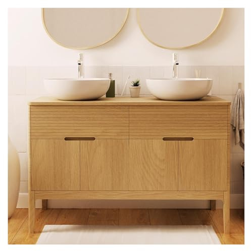 MOB-IN Set mit Doppelwaschbecken, Badmöbel, Waschtisch, 120 cm, Eiche Natur + 2 Waschtische Alaska, Unterschrank