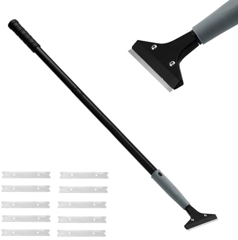 FullMonty Heavy Duty 4-inch Carbon Steel Blade Floor Scraper, 10 Blades, 45-inch Long PVC Handle, Sturdy and Durable, Removes Tile, Linoleum, Carpet, Paint Quickly and Easily