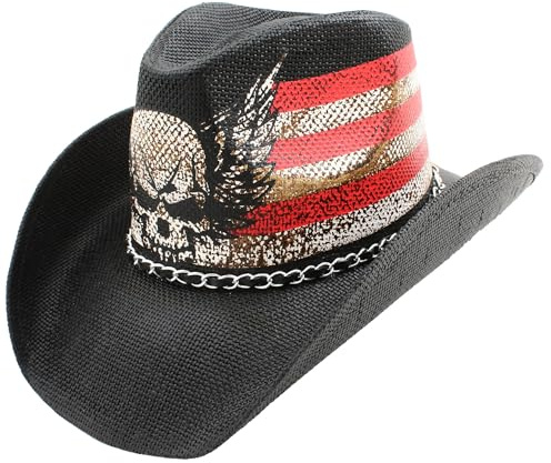 Sombrero Vaquero Cowboy de Paja Estampado Americano Texas, Rodeo Baile Disfraz Gorro Vaquero Halloween Carnaval Fiesta Adulto Hombre Mujer 58-59CM (FR/ES, Letras, Talla única, Negro-Calabera)