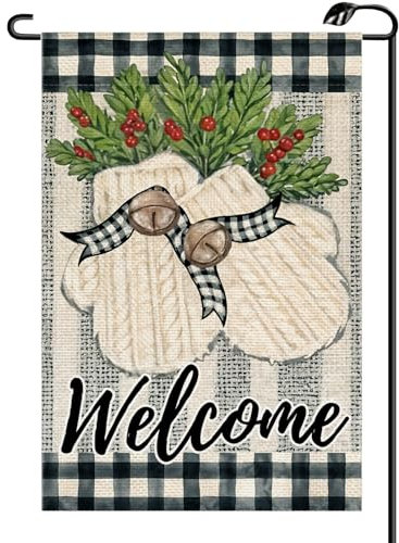 Guantes de invierno de bienvenida, bandera de jardín de acebo de 12 x 18 pulgadas, vertical de doble cara, banderas pequeñas de búfalo a cuadros de temporada, decoración exterior para patio DJ13