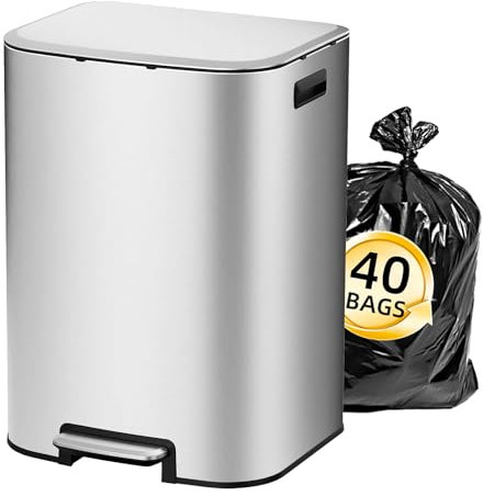 KUK 16 Gallon Kitchen Trash Can with Lid, Heavy Duty Hands-Free Stainless Steel Commercial Step Trash Bin with Removable Inner Bucket, Pedal Rubbish Bin for Home Office and Kitchen, 60L/16Gal