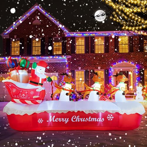 COOLWUFAN Aufblasbare Weihnachtsdekoration, Weihnachtsmann auf Schlitten, aufblasbare Elche, die den Weihnachtsmann ziehen, aufblasbare Hofdekoration mit Lichtern für Weihnachtsfeier, Outdoor, Garten