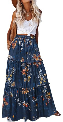 Zeagoo Maxi Skirts for Women 2026 Blue Floral A Line Skirts Summer Flowy Tiered Skirts with Pockets Women's Casual Long Skirt High Waist Pleated Skirts L