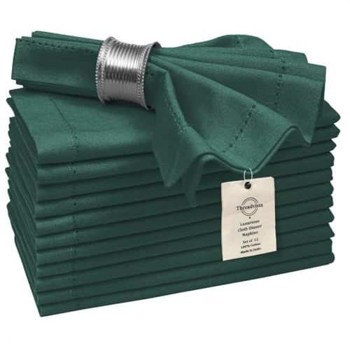 Threadvista 100% Cotton Hemstitch Cloth Dinner Napkins Set of 12 - Perfect for Dining Special Occasions Wedding Holidays Christmas - Soft Durable Washable - Elegant Table Cloth Napkins 46x46 cm Green