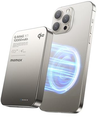 MOMAX Magsafe Powerbank, Qi2-zertifiziert, 10000 mAh magnetische Powerbank, ultraschnelles kabelloses Laden mit 15W, PD 20W Schnellladen, nur für iPhone 17/16/15/14/13/12 Serie, Titan