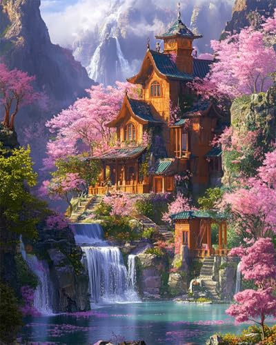 DIY Stickerei-Set Mit Perlen Fantasie-Wasserfall，Blumen，Bäume Und Architektonische Landschaft Diy-Set Mit Perlen,Handgefertigtes Perlenmalerei-Kit Aus Handarbeit,Bead Embroidery Kits Nad 40x50cm