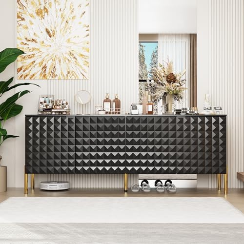 Lowboard，TV-Lowboard, Lowboard 140 cm lang, TV-Schrank, Fernsehtisch mit 4 Türen , Multifunktionaler Aufbewahrungsschrank，TV-Ständer mit goldenen MetallfüßenModern-schwarz, 40 x 140 x 56 cm, MDF