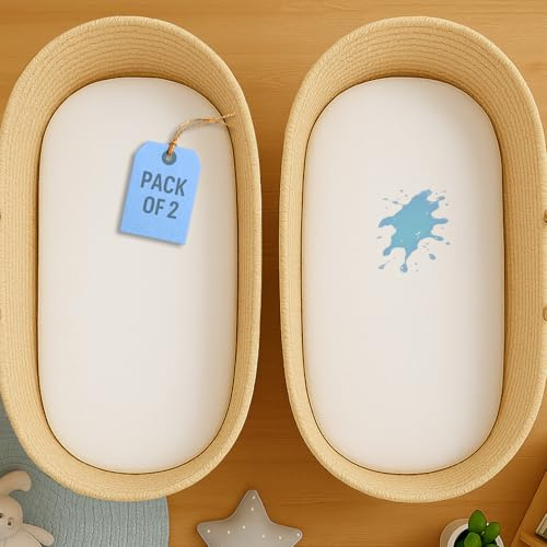 2x 100% Waterproof Moses Basket Mattress Protector with 155 GSM Terry Towelling Fabric - Soft, Non-Noisy & Non-Allergenic Fitted Sheet (35 X 75 cm) (2 X Moses Basket Mattress Protectors)