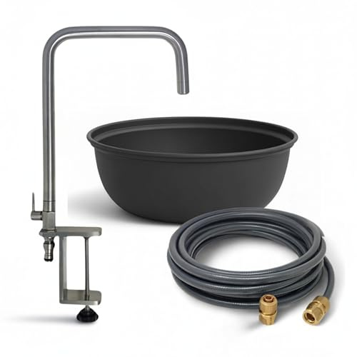 LIVLIG Outdoorküchen Set, Hochwertiger Edelstahl Wasserhahn, Trinkwasserschlauch & Waschschüssel Metall, Mobiles Waschbecken für Garten, Camping & Outdoor Küche in Anthrazit