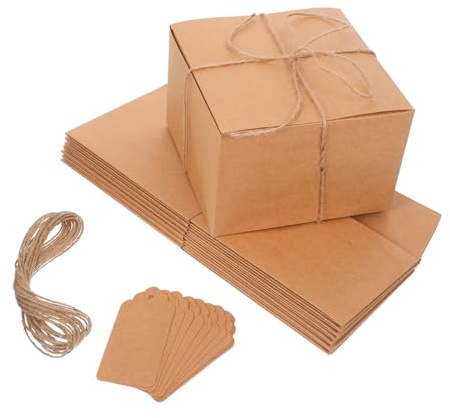 minkissy 10 Stück Braune Dicke Papp Geschenkboxen mit Leerem Anhänger und Juteband Stabile Quadratische Kartonverpackung für DIY Basteln Geburtstag Hochzeit Feiertage