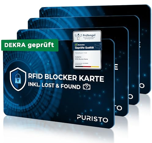 PURISTO® RFID Blocker Karte (4er Set) - DEKRA geprüft - 2in1 inkl. Lost & Found Service - NFC Schutz für Kreditkarten, EC Karten & Ausweise - Ultra-dünner Data Blocker - Portemonnaie RFID-Blocker