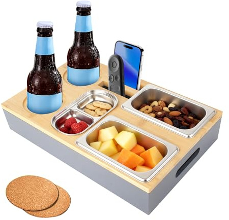 Couchbar Snackbox, Sofa Couch Tablett, Praktischer Sofatablett, mit Fächern, Abnehmbarer Deckel,mit Abnehmbarem Snackbox mit Getränkehalter für Wohnzimmer Garten Camping Couchbar(Grau)