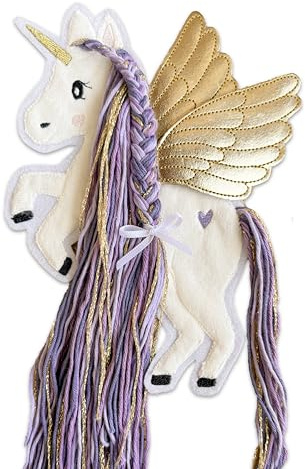 Applikation Pegasus mit Wollmähne Lila Flieder Gold Aufbügler Einhorn mit Flügel für DIY Schultüte Zuckertüte Bügelbild Patch Bügelpatch Pferd weiß Glitzer (Klein (12x15 cm))