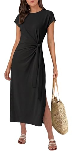 GRECERELLE Women's Summer Midi Dress | with Tie Waist Casual Short Sleeve A-Line Flowy Dresses for Women UK