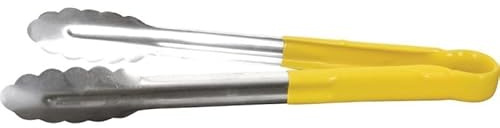 Professional 11-Inch Stainless Steel Serving Tongs with Yellow Vinyl Coated Handle, Color-Coded Heat Resistant Kitchen Tongs for Meat and Grilling
