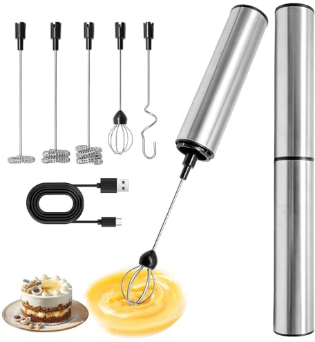 Mousseur à Lait Électrique Rechargeable USB, Mini portable Fouet Électrique Sans Fil avec 5 Embouts en Acier Inoxydable, 2 Vitesses, Mixeur Café pour Café Cappuccino Latte Matcha Crème Cuisine