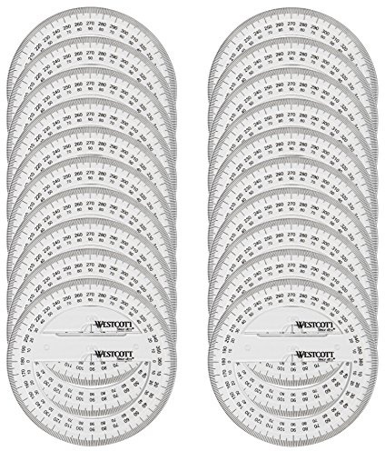 Westcott E-10135 00-I - Transportador de ángulos redondo (360 grados, plástico, 10 cm, 20 unidades), transparente