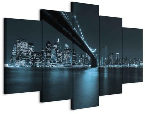 B&D XXL - Wandbilder XXL New York 200x100cm 5 tlg - Wand Deko Leinwand Bilder Groß Wanddeko Wohnzimmer Schlafzimmer Kunstdrucke - City Stadt Panorama Brücke schwarz blau 030111-61