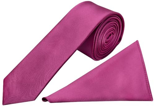 TIES R US Fuchsia Pink Satin Skinny Men's Tie and Handkerchief Set