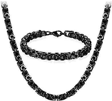 JewelryWe Schmuck Edelstahl Ketten Set von Halsketten und Armketten für Herren schwarz Silber Armbändern 8mm breit und 21,5 cm für Armband, 22/24/26 Zoll für Halskette