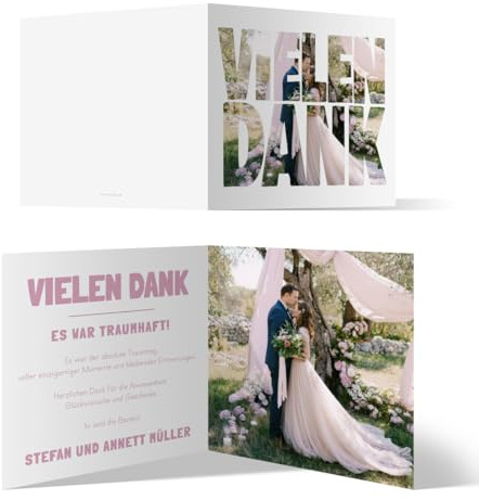 Personalisierte 10 bis 100x Stück Hochzeit Foto Dankeskarten Danke Danksagungskarten Karten individuell - Fotoschrift, Klappkarte 148x148mm mit Ihrem Foto und Text, dickes 300g/qm Papier