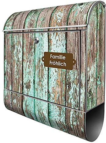banjado® Design Briefkasten personalisiert Verwittertes Holz 38,5x46,5x13cm & 2 Schlüssel - Briefkasten Stahl Silber Zeitungsfach pulverbeschichtet - Postkasten A4 Einwurf inkl. Montagematerial