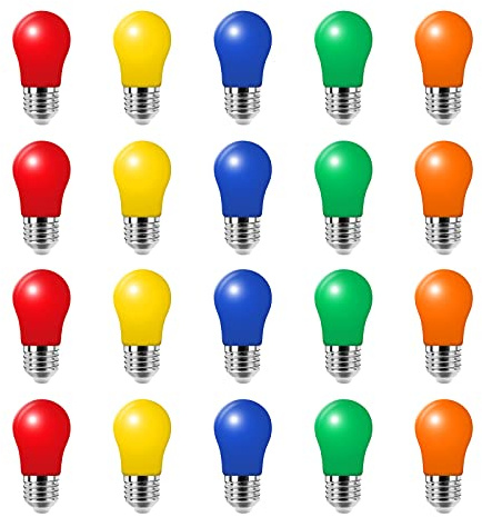 HUAMu 20er Pack E27 LED Bunte Glühbirnen 3W, E27 Farbige lampen außen, Dekorative LED Lampe für Party,Lichterkette,Weihnachten, 220V AC, Gemischte Farben Rot Grün Blau Gelb Orange, Kunststoff