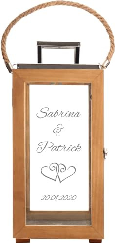 Casa Vivente Laterne aus Holz und Edelstahl mit Gravur zur Hochzeit, Personalisiert mit Namen und Datum, Motiv Herzen, Geschenk zur Hochzeit