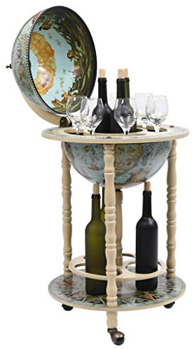 Tidyard Globus-Bar mit Flaschenregal Weinregal Rollen Minibar Weltkugel Hausbar Cocktailbar Dekobar Eukalyptusholz Blau