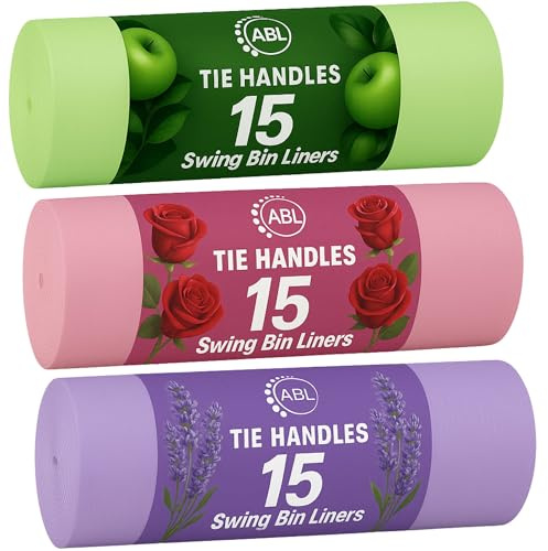 Scented 50L Swing Bin Liners | 15 Lavender, 15 Apple, 15 Rose Scented Bin Liners 50L | Tie Handle Bin Bags 60cm x 94cm 45 Bags Total. Great smelling scent bin liner to keep your home fresh