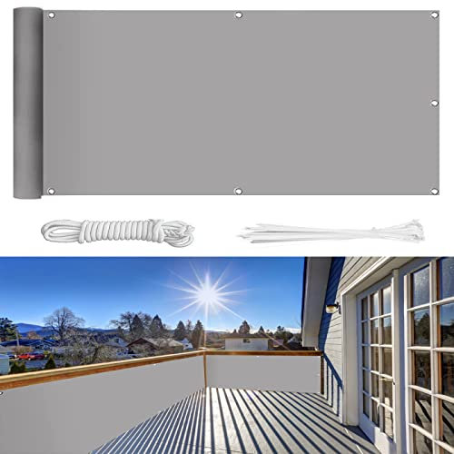 Balkon Sichtschutz 95×1300cm Ohne Bohren, 100% Schutz der Privatsphäre,Blickdichte Balkonumspannung Windschutz UV-Schutz Gartenzaun Schwimmbad-Leitplanke,mit Ösen Kabelbinder und Kordel/Hellgrau