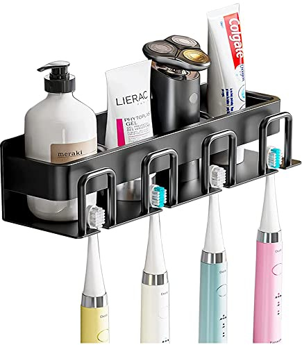 Zahnbürstenhalter Wandmontage Ohne Bohren Zahnbürste Organizer (Schwarz) | Badezimmer Zahnpasta Aufbewahrungsregal mit 4 Bürstenschlitzen und Becherhalter