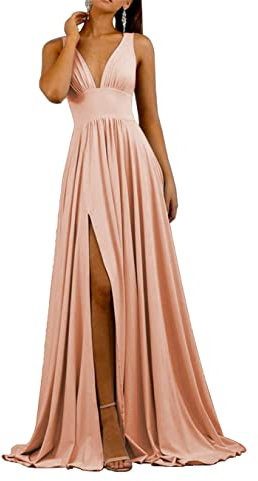 HPPEE Robe de demoiselle d'honneur pour femme - Col en V profond - Grande taille - Robe de fête de mariage avec fente, rose poudré, 58 plus