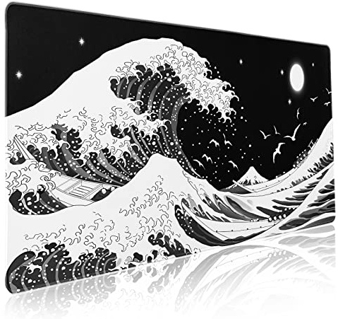 Japanisches Wellen-Mauspad, XXL, schwarz-weiß, Meeremon, ästhetischer Mond, erweiterte Schreibtischmatte, 90 x 40 cm, rutschfeste Gummiunterseite mit genähtem Rand, große Spielmatte für Tastatur,