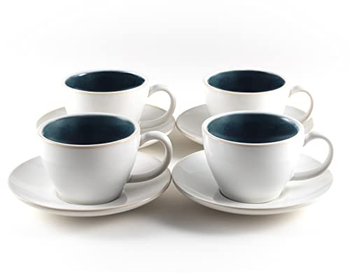 Hanseküche Juego de 4 tazas de café de cappuccino (180 ml) de gres - Tazas de café y paredes gruesas con platillos (Blanco)