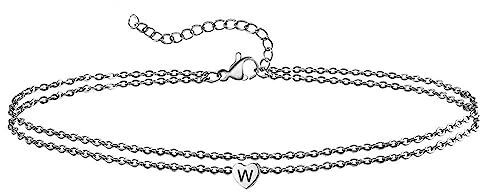 KnSam Echtschmuck Knöchel Kette Damen Weißgold 750 18K, Doppelkette mit Herz Buchstaben W Fußkettchen Hochzeit Armbänder für Mädchen Bettelarmband, Kettenlänge 30cm