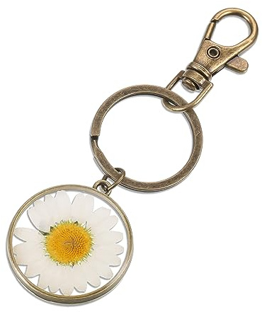 sdhiiolp Schlüsselanhänger Natürliches Gänseblümchen gepresster Wildblumen Echte Blume Schlüsselanhänger April-Geburts-Blumen Glücksbringer Taschenanhänger Handgefertigt Dankeschön Geschenke