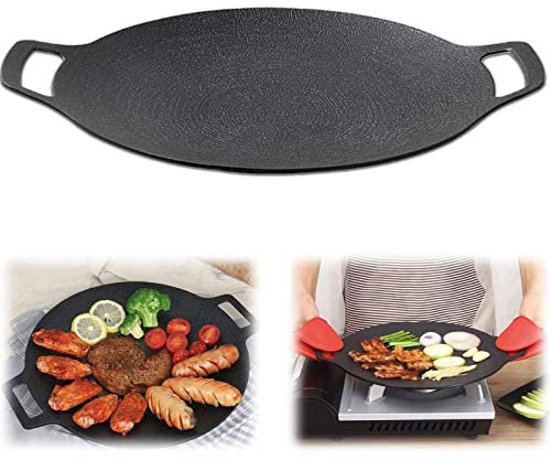 Padella Antiaderente per Barbecue in Pietra Medica Multifunzionale, Padella per Barbecue Coreana, Padella Rotonda in ghisa stagionata con Manico antiscottatura, 1 pz, L