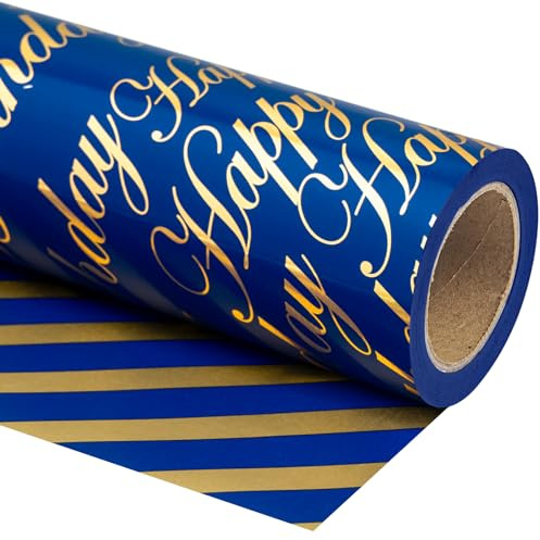 Holijolly Reversible Geburtstag Geschenkpapier - Mini-Rolle - 43,2CM × 10M - Blau und Goldfolie Happy Birthday Lettering Design für Geburtstag, Urlaub, Party, Baby-Dusche