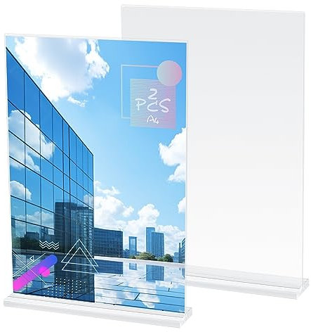 KOXXIAMOQ 2 Pcs Poster Menu Holder, A4 Acrylic Sign Holder, T-Shape Double-Side Menu Display Stand, Clear Perspex A4 Vertical Display Stands for Office Shop Restaurant Picture Photo Display