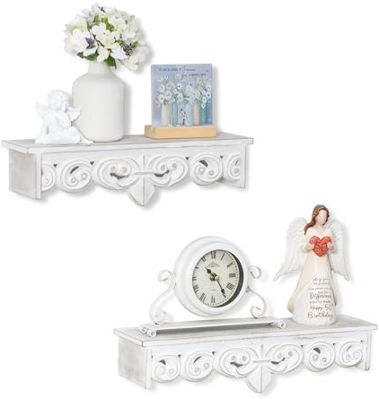 Walasis Étagères murales blanches pour décoration de campagne française – Étagère flottante décorative en bois antique rustique à suspendre pour salon, chambre à coucher