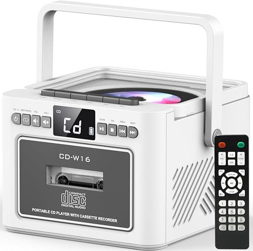 Greadio CD Player Tragbar, Boombox Kassettenspieler mit UKW Radio, Bluetooth 5.1, 5000mAh wiederaufladbare Akku, Fernbedienung, AUX/USB/SD Karte-In, 5W Lautsprecher, LED Bildschirm (Weiß)
