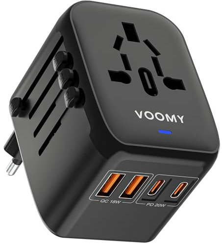 VOOMY Adattatore da viaggio universale a ricarica rapida, Adattatore Spina Universale con 2 USB 18W & 2 USB-C (Type C) 20W Ricarica Rapida, Tutto in Uno Spina da Viaggi per EU/UK/USA/AUS (Nero)