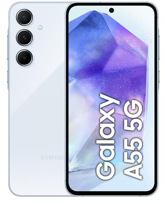 Samsung Galaxy A55 5G,Clear Cover inclusa, Smartphone Android 14, Display FHD+ Super AMOLED 6.6” 8GB RAM, 256GB di memoria interna espandibile, Batteria 5.000 mAh, Awesome Iceblue [Versione Italiana]